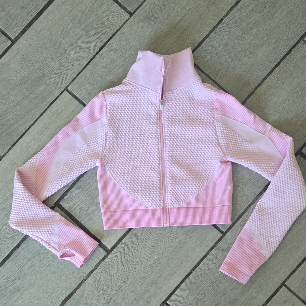Pink and White Bomber Jacket with Ribbed Hem and Stand-Up Collar-L act73